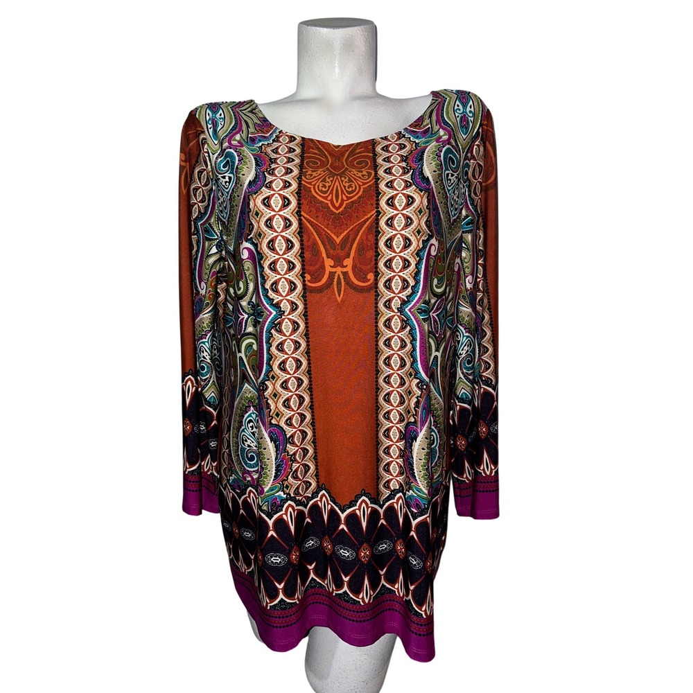 Sunny Leigh Top Womens XXL Paisley Medallion Print Scoop Neck Tunic Orange Pink